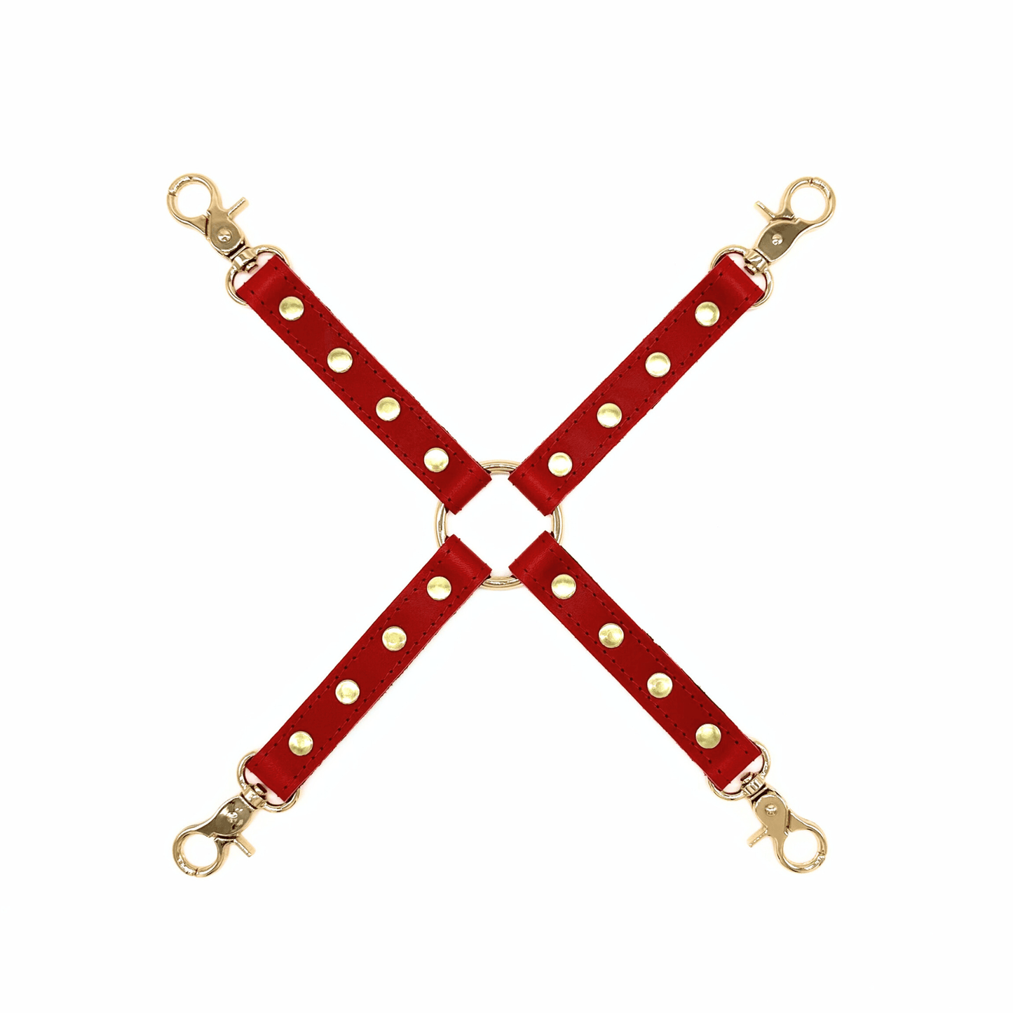 Red leather 4 way hogtie connector with gold hardware and center O-ring for bondage restraint system.