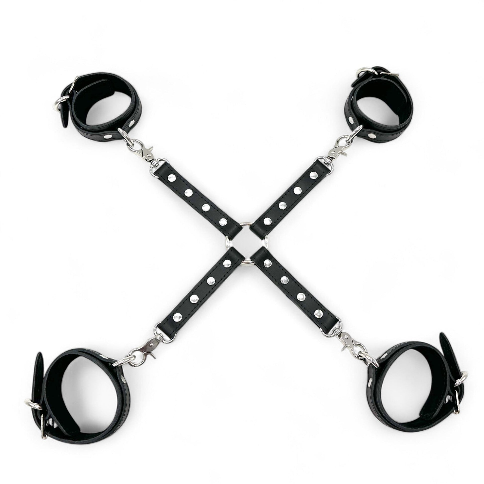 Black leather x or hogtie restraint connector with wrist and ankle cuffs, silver hardware, and central O-ring.