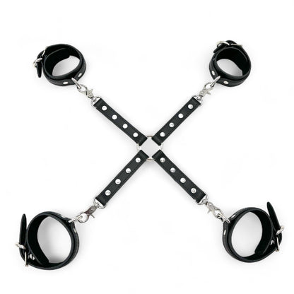 Black leather x or hogtie restraint connector with wrist and ankle cuffs, silver hardware, and central O-ring.