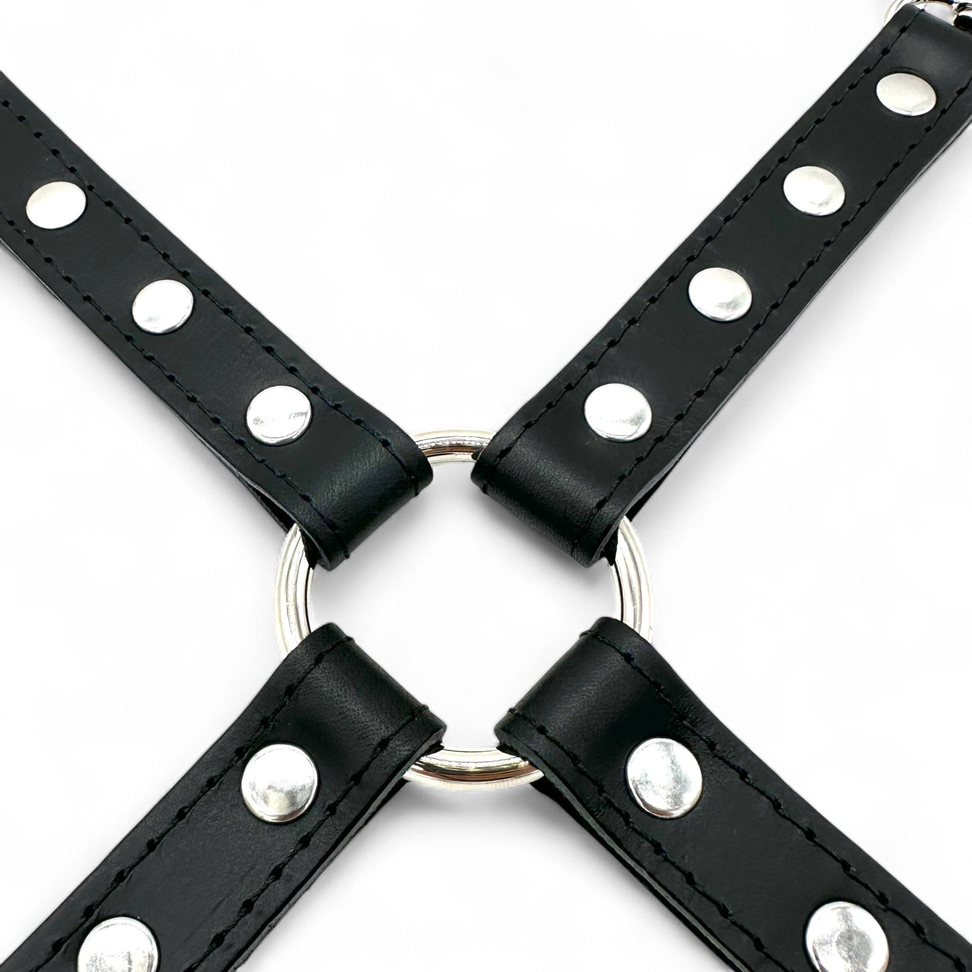Close up image of black leather hogtie connector with stitched outline, silver rivets and central O-ring.