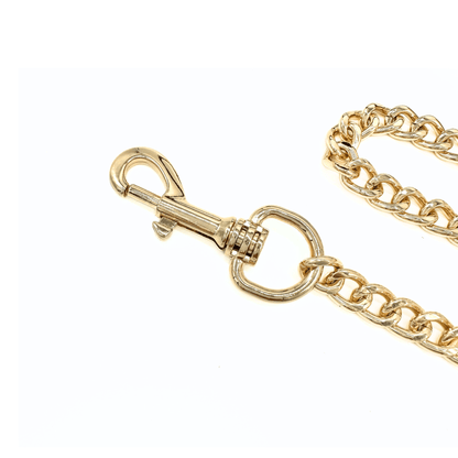 Close-up of gold chain leash hardware with clip and ring detail, polished luxury metal finish