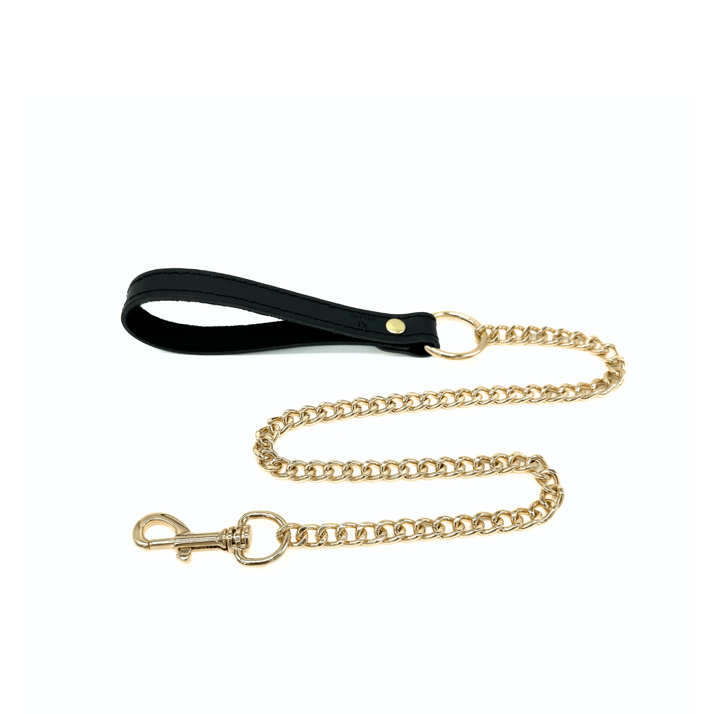 Black leather leash handle with gold chain and clip, minimalist design with premium hardware finish