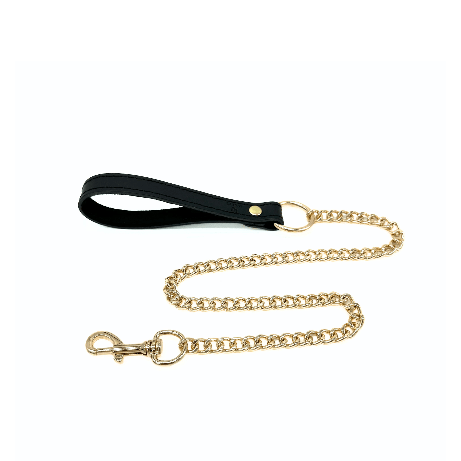 Black leather leash handle with gold chain and clip, minimalist design with premium hardware finish