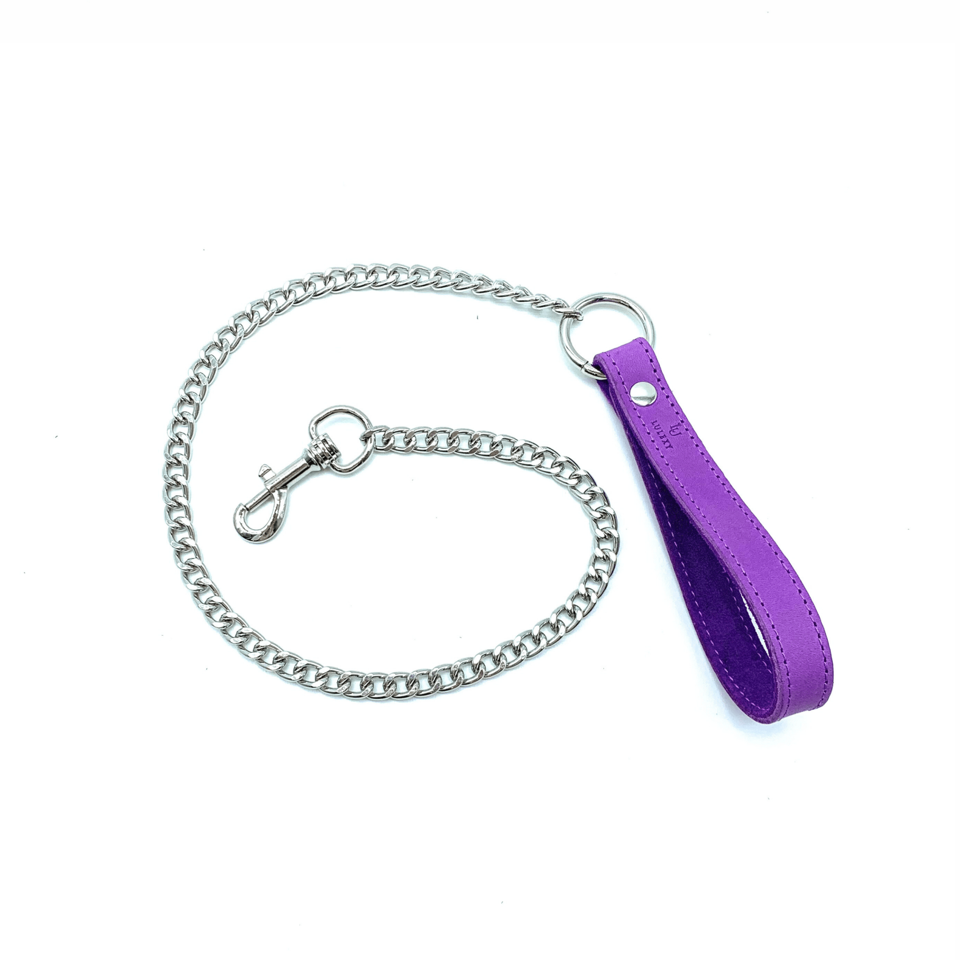 Purple leather leash with silver chain and clip, Tango Italian leather design with handle and detachable hardware