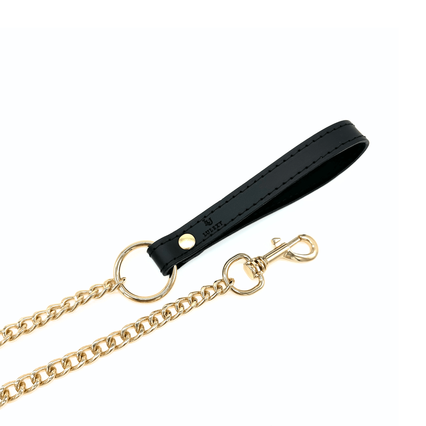 Black leather chain leash with gold hardware and detachable clip, featuring leather handle and gold chain