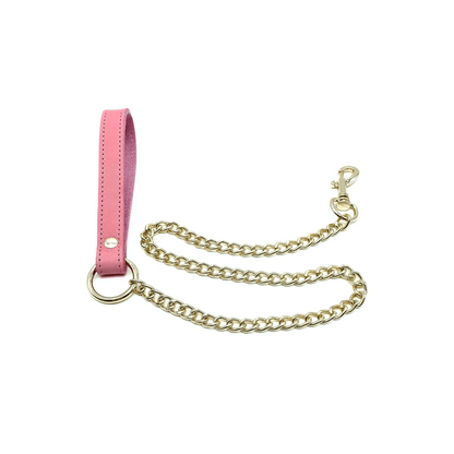Pink leather leash with gold chain and detachable clip, Tango Italian leather design with handle and luxury hardware