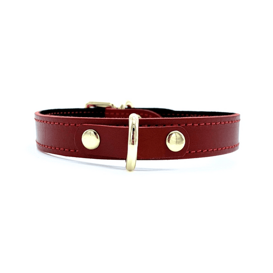 Red Buttero Italian leather collar with gold hardware, center D-ring and smooth structured design
