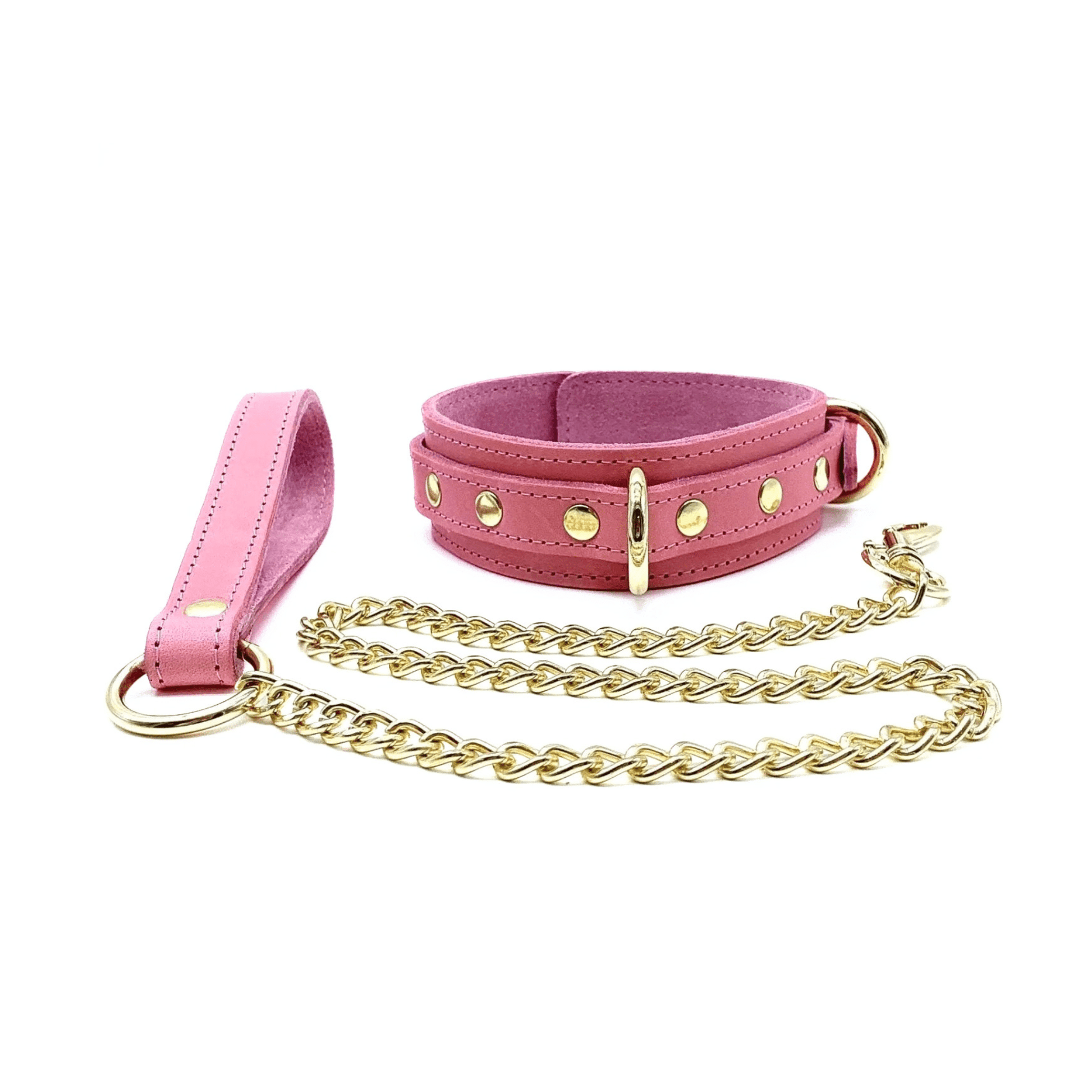 Pink leather collar and chain leash set with gold hardware, adjustable collar and detachable gold chain leash