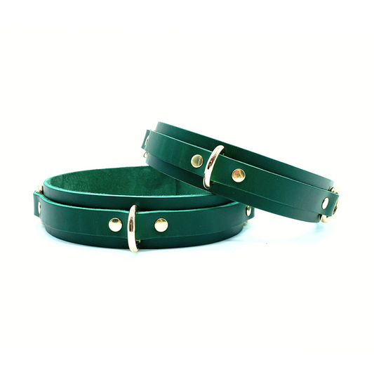 Green Buttero Italian leather thigh cuffs with gold hardware, adjustable straps handcrafted in USA