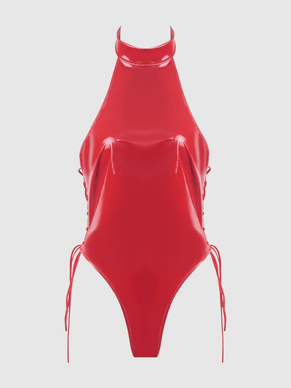 TRINITY PATENT LACE UP HALTER TEDDY - Lulexy