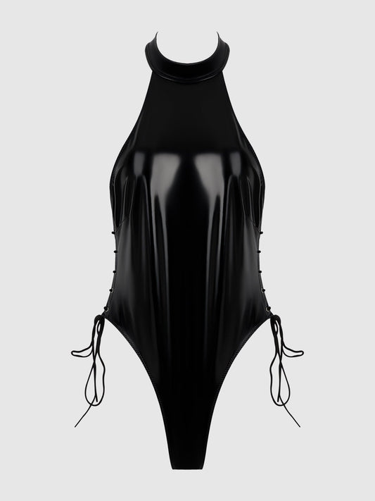 TRINITY PATENT LACE UP HALTER TEDDY - Lulexy