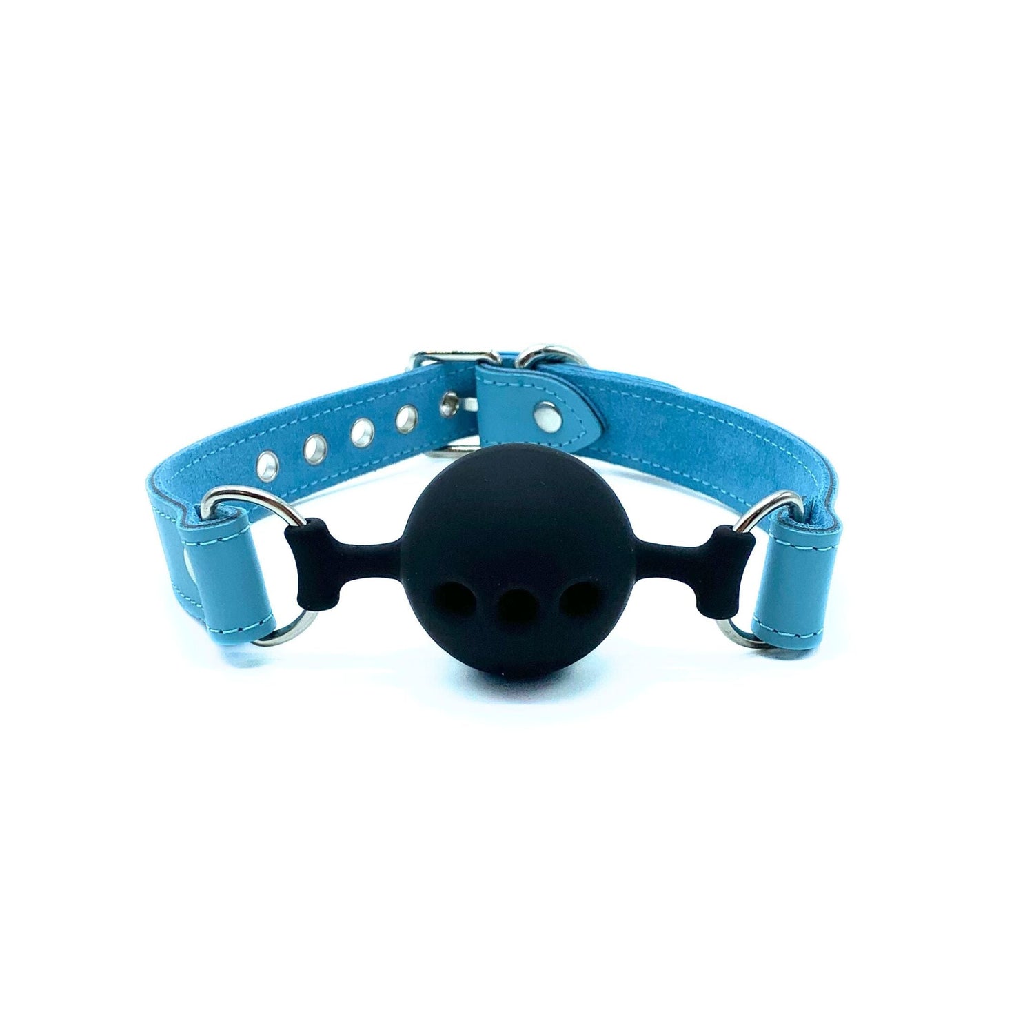 Blue Italian leather ball gag with black breathable ball and silver hardware, adjustable strap design