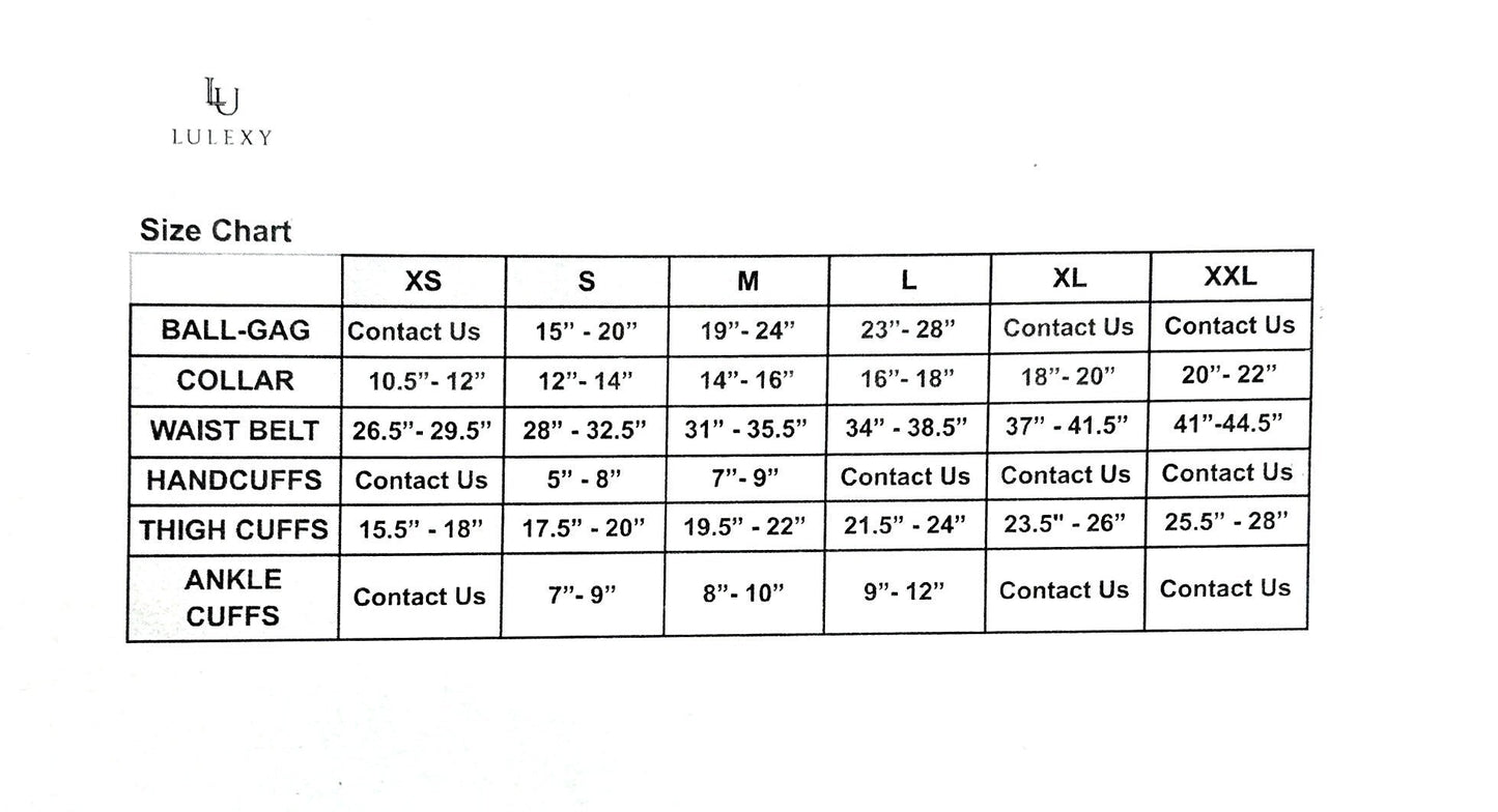 Sizing Chart: A visual sizing chart for Vienna Baby Blue Italian leather thigh cuffs, presenting a range of sizes with corresponding measurements in inches and centimeters for accurate fitting.