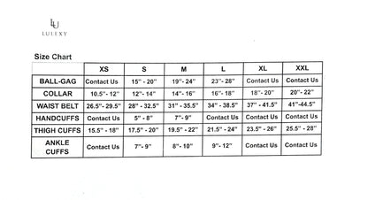 Sizing Chart: A visual sizing chart for Vienna Baby Blue Italian leather thigh cuffs, presenting a range of sizes with corresponding measurements in inches and centimeters for accurate fitting.