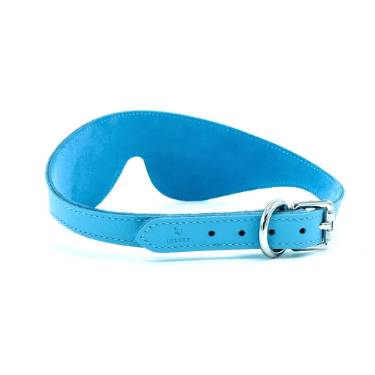 Blue Italian leather blindfold with adjustable strap and silver buckle, soft structured design