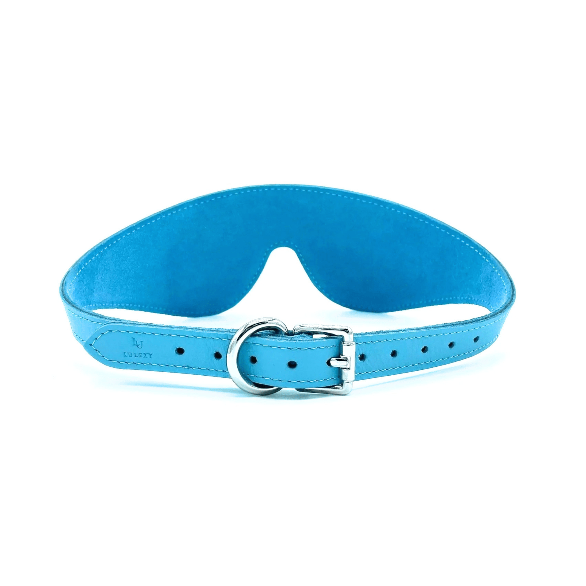 Blue leather blindfold side view with adjustable strap and buckle, smooth Italian leather finish