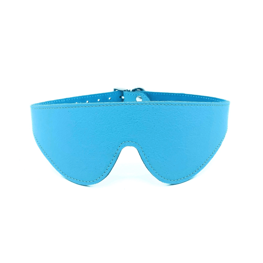Blue Italian leather blindfold with curved shape and smooth finish, handcrafted sensory accessory