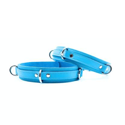 Blue Italian leather thigh cuffs with silver hardware, adjustable cuffs with buckle closure