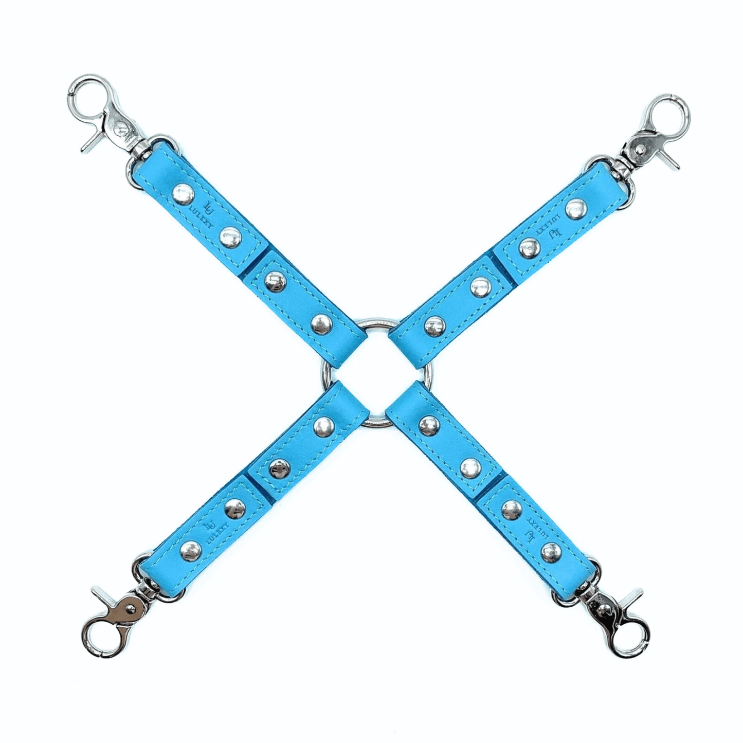 Blue Italian leather four point restraint set with cuffs, silver hardware and X shaped connector design