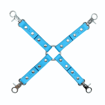 Blue Italian leather four point restraint set with cuffs, silver hardware and X shaped connector design