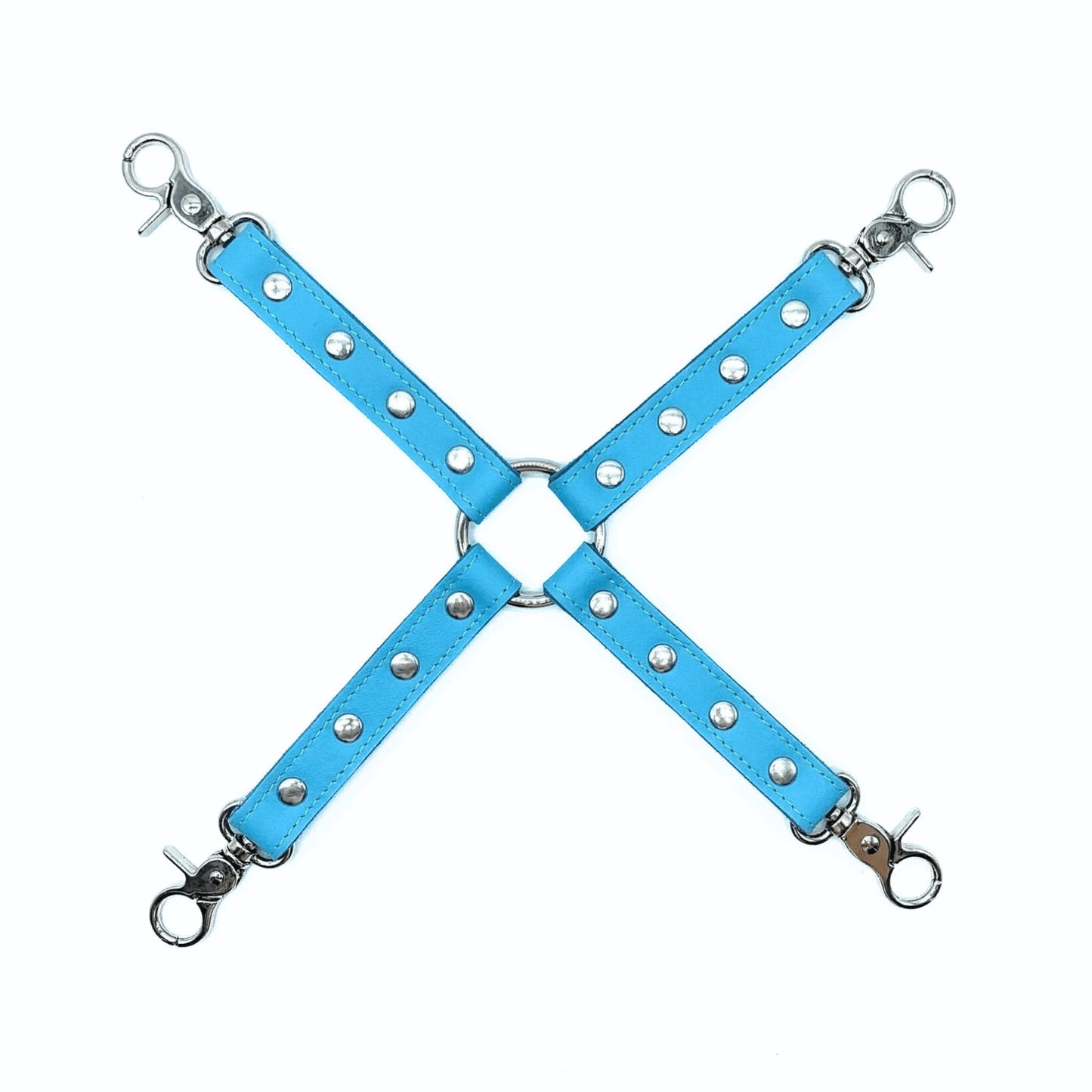 Blue Italian leather X restraint with wrist and ankle cuffs, silver hardware and adjustable straps