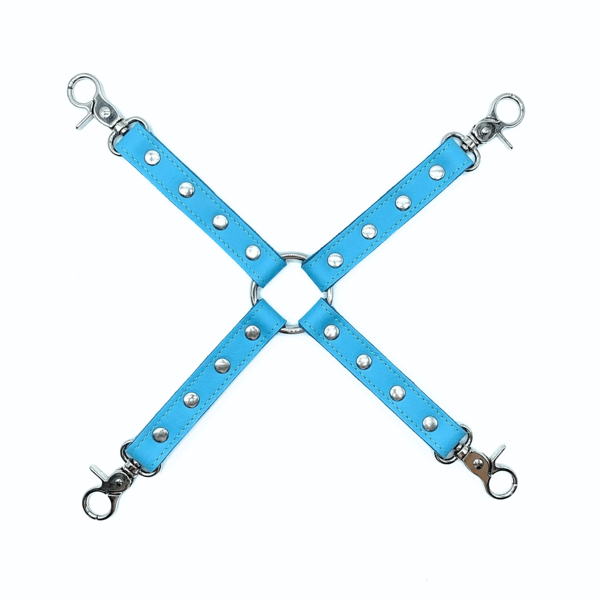 Blue Italian leather X restraint with wrist and ankle cuffs, silver hardware and adjustable straps