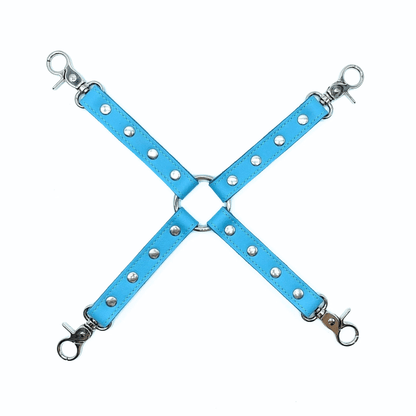 Blue Italian leather X restraint with wrist and ankle cuffs, silver hardware and adjustable straps