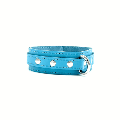 Side view of soft Italian leather collar in light blue with the focus on detailed stitching and silver D ring and rivets